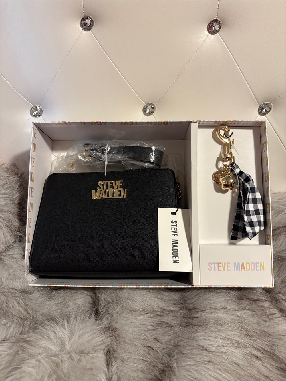 Steve Madden Black Crossbody Bag with Gold Hardware and Charm in box